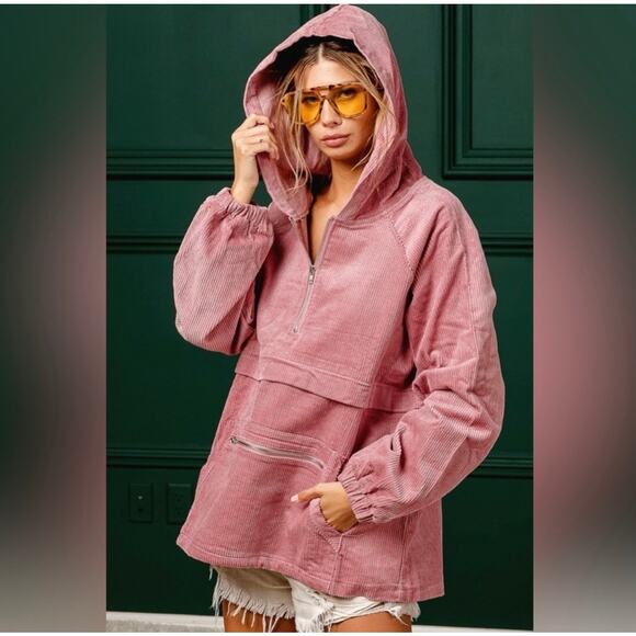 BiBi 1/2 Zip Corduroy Hoodie Pullover Long Sleeves Cargo Pockets Slate Blue L - Picture 13 of 13